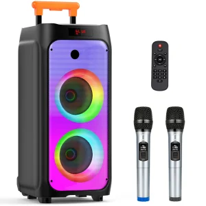 FanFun T8 Large Bluetooth Speaker, Wireless Speaker with Wheels and Push Rod, Karaoke Machine with Two Microphones With Tws 1
