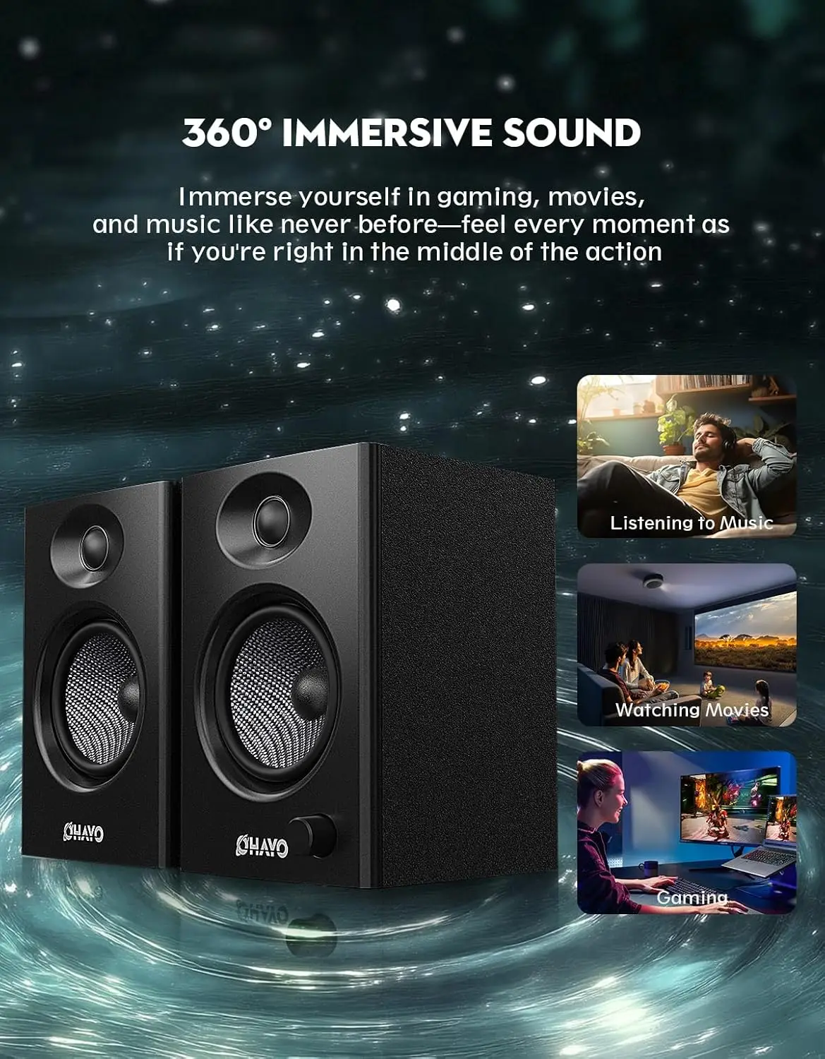 OHAYO 60W Computer Speakers for Music Gaming, Active Bluetooth 5.3, Stereo 2.0 Speakers for Desktop PC or Laptop, Aux RCA Input 3